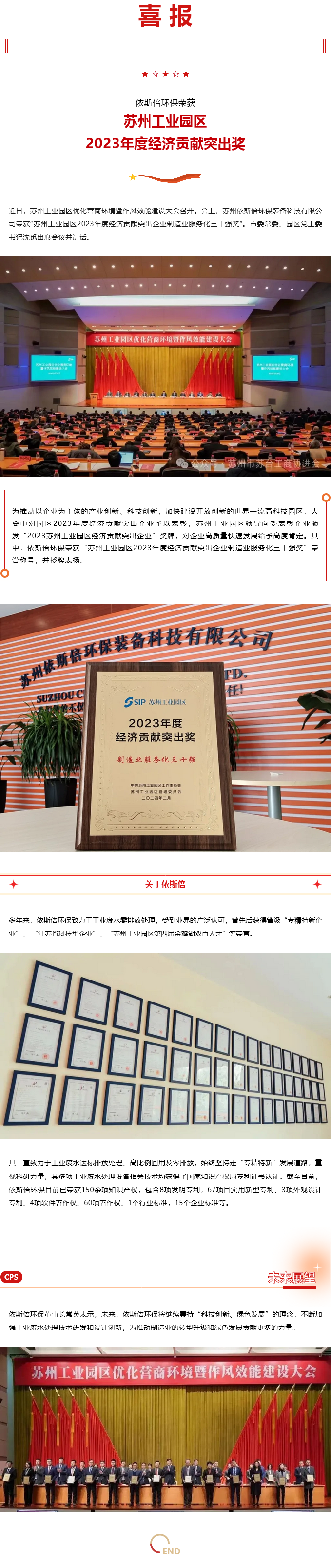 喜報 依斯倍環(huán)保榮獲蘇州工業(yè)園區(qū)2023年度經(jīng)濟貢獻(xiàn)突出獎